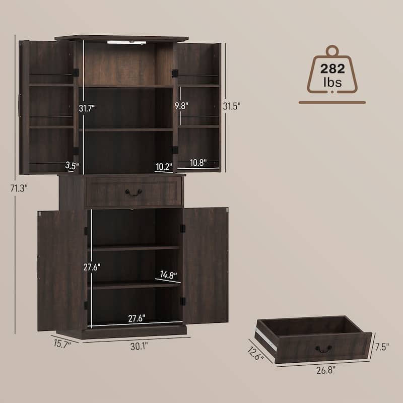 HOMCOM 71" LED Kitchen Pantry Cabinet, Farmhouse Tall Freestanding Storage Cabinet with Door Shelves for Kitchen and Dining Room