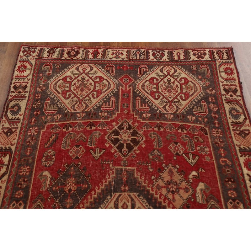 Red Shiraz Persian Antique Area Rug Handmade Wool Carpet - 3'11"x 7'6"