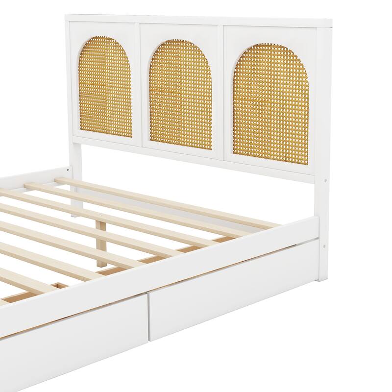 Queen Wooden Bed Frame with Rattan Headboard and Footboard Bed Bath & Beyond 40136122