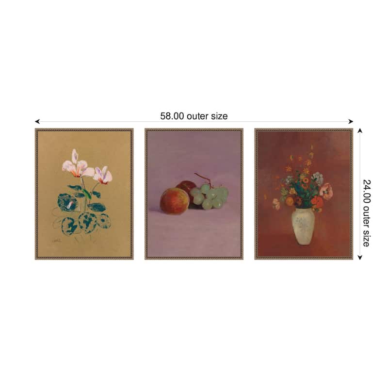 Kate and Laurel Cyclamen, Still Life Fruit, & Bouquet 3 Piece Framed Canvas Wall Art by Nostalgia Prints