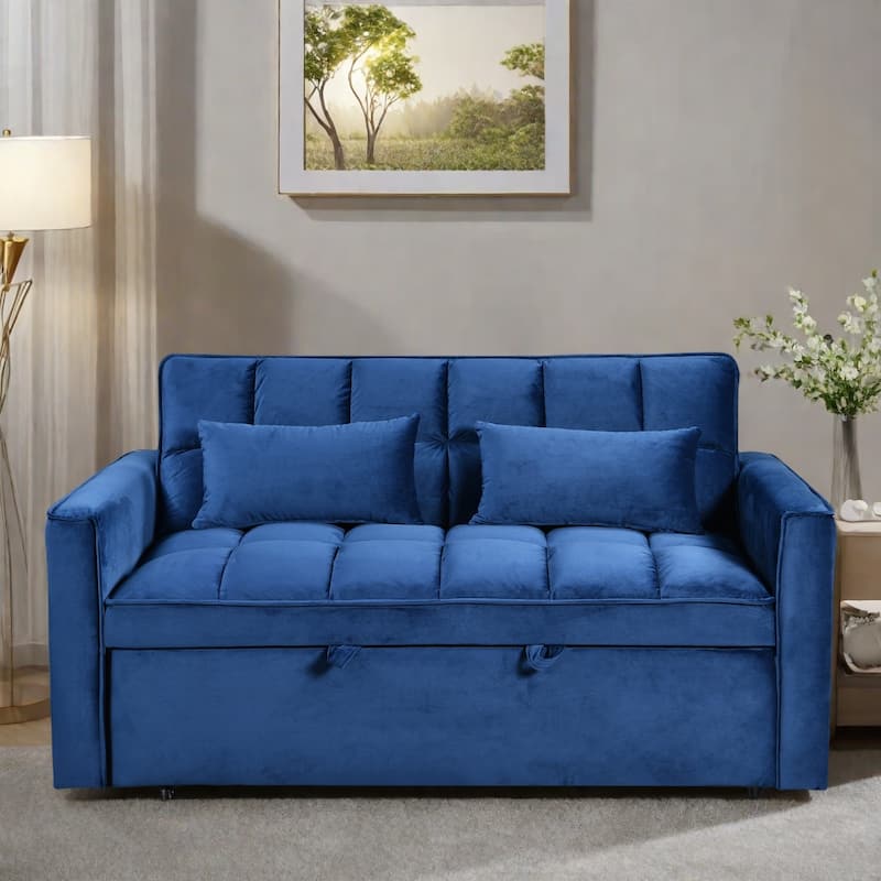 52.75"Velvet 2-Seater Sleeper Sofa with Curved Backrest and Fiber Cotton for Comfort - Blue