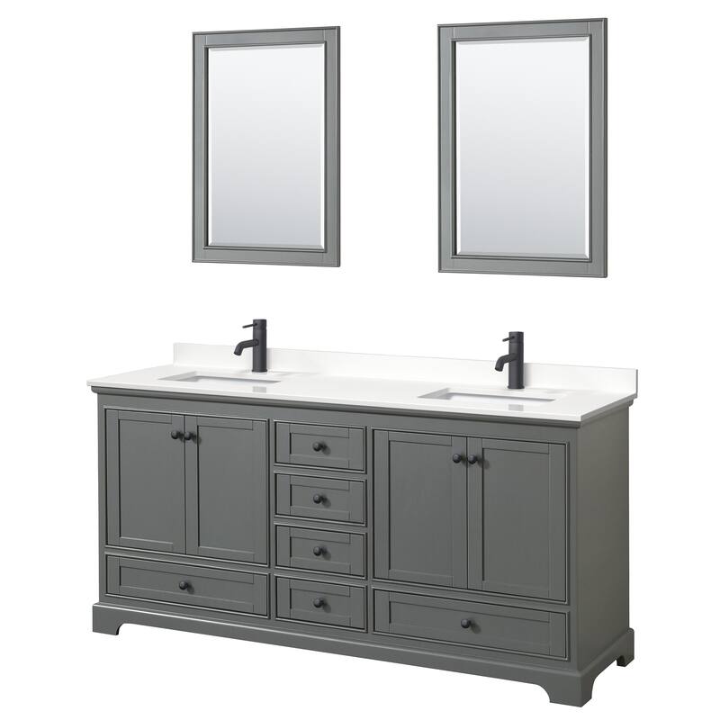 Deborah 72-inch Double Vanity, Quartz Top, 24-inch Mirrors - Dark Gray, Black Trim, White Quartz Top