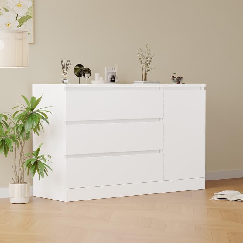 Modern White Wooden Side Cabinet with Hidden Drawers - Versatile Storage Organizer