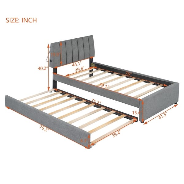 dimension image slide 0 of 2, Teddy Fleece Twin Size Upholstered Platform Bed with Trundle, Beige