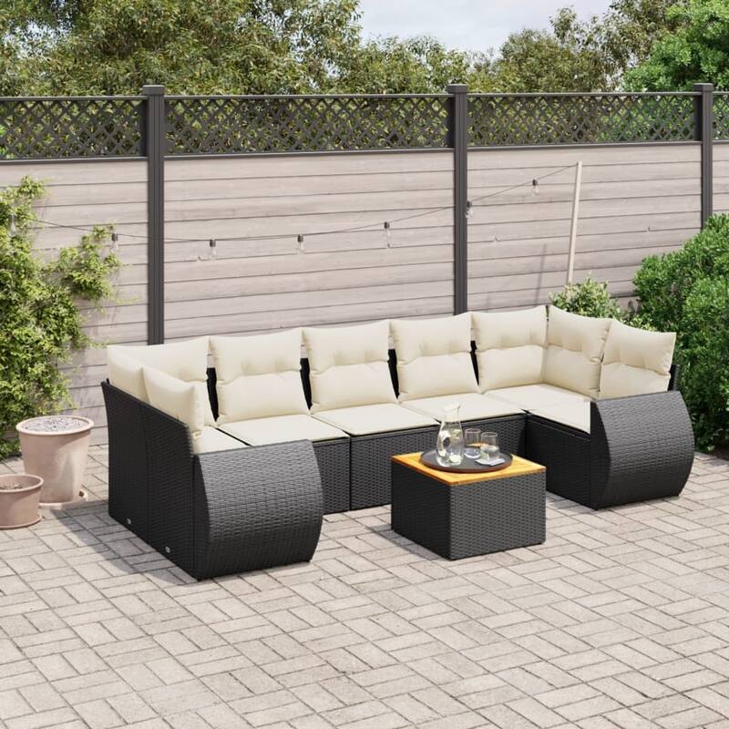 vidaXL Patio Sofa Set with Cushions Outdoor Furniture 8 Piece Poly Rattan - 24.4 x 27.6 x 27.2 - Black and Cream