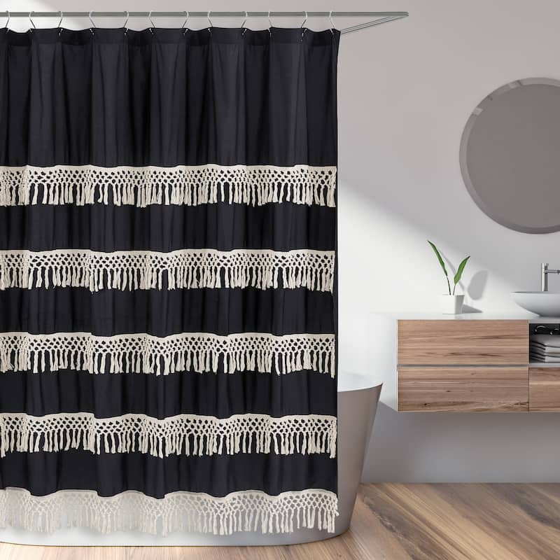 Sweet Jojo Designs Black Bohemian Boho Chic Bathroom Fabric Bath Shower Curtain Farmhouse Minimalist Macrame Ivory Tufted Fringe