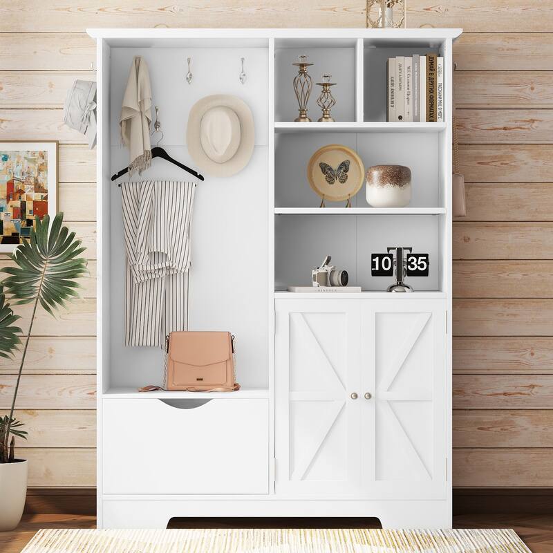 Elegant Hall Tree Hallway Shoe Cabinet with Storage Bench, Shelves, Drawers, and Coat Rack for Entryway, Hallway Organizer