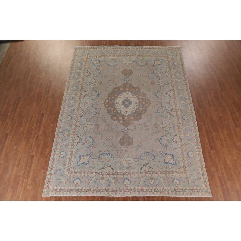 Hand Knotted Oriental 100% Wool Carpet Traditional Floral Beige & Ivories Tabriz Area Rug - 13' 3'' X 9' 10''