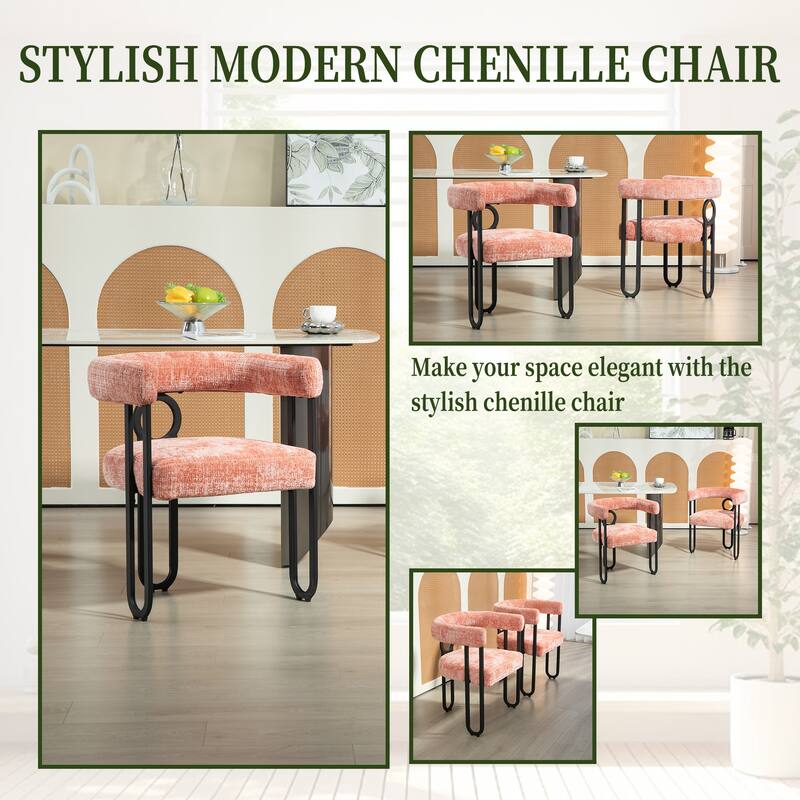 Pink Modern 23.62" Upholstered Barrel Chair with Black Iron Frames for Kitchen (Set of 2)