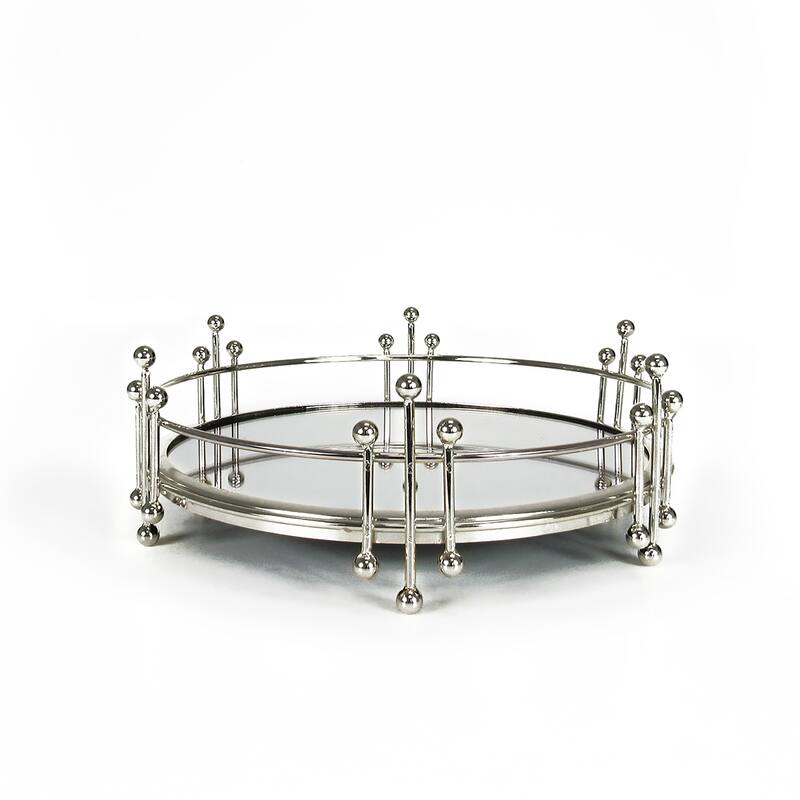 Silver Radiant Round Metal Mirror Decorative Tray Serving Platter - 10" D x 3.5" H - Silver