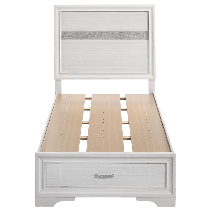 White Twin Storage Bed with Built-in Drawers and Glitter Panels