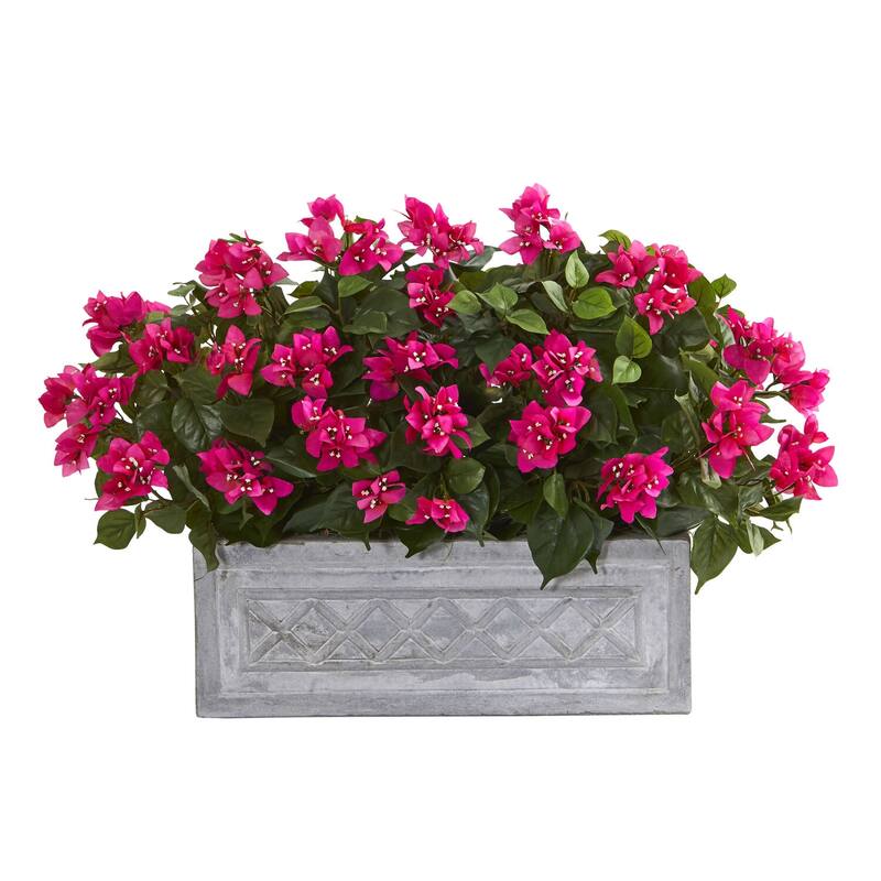 30in Bougainvillea Artificial Plant with Pink Blossoms in Cement Stone Planter for Indoor Home Decor