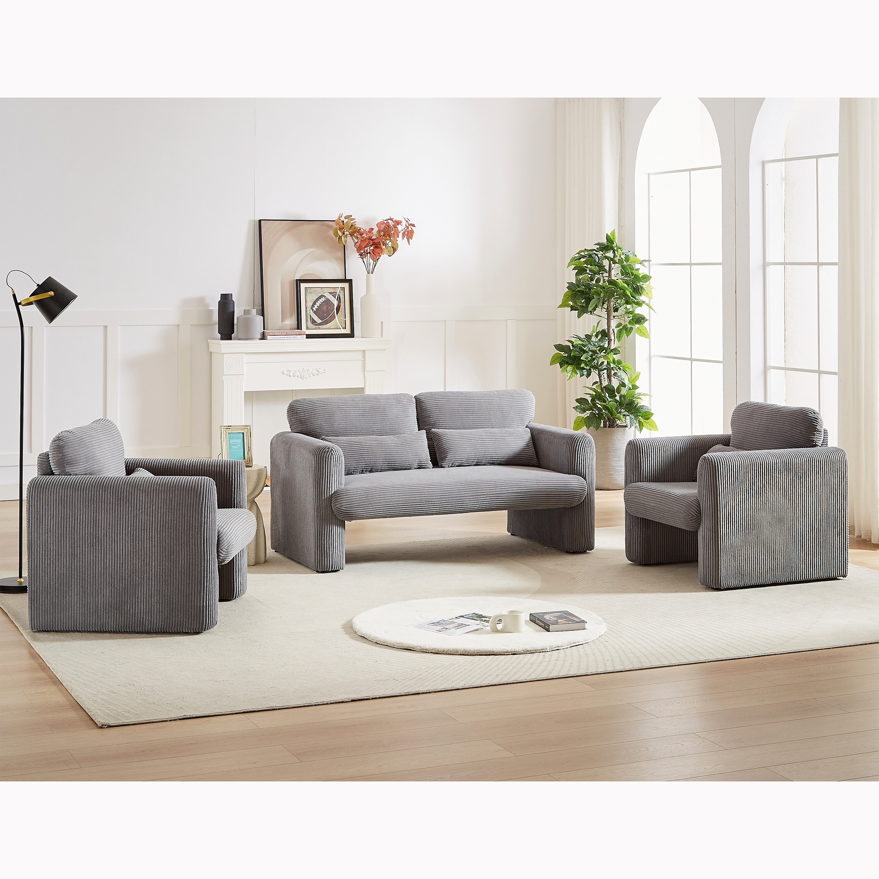 Grey Sectional Sofa Sets Corduroy Lounge Bench Settee(Set of 3