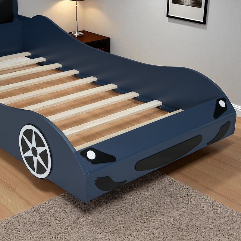 Twin Size Wood Race Car Platform Bed with LED Lights, Upholstered Backrest & Safety Rails