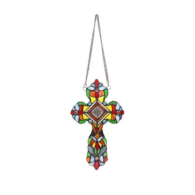13" x 8" Victorian Design Cross Stained Glass Panel/ Suncatcher