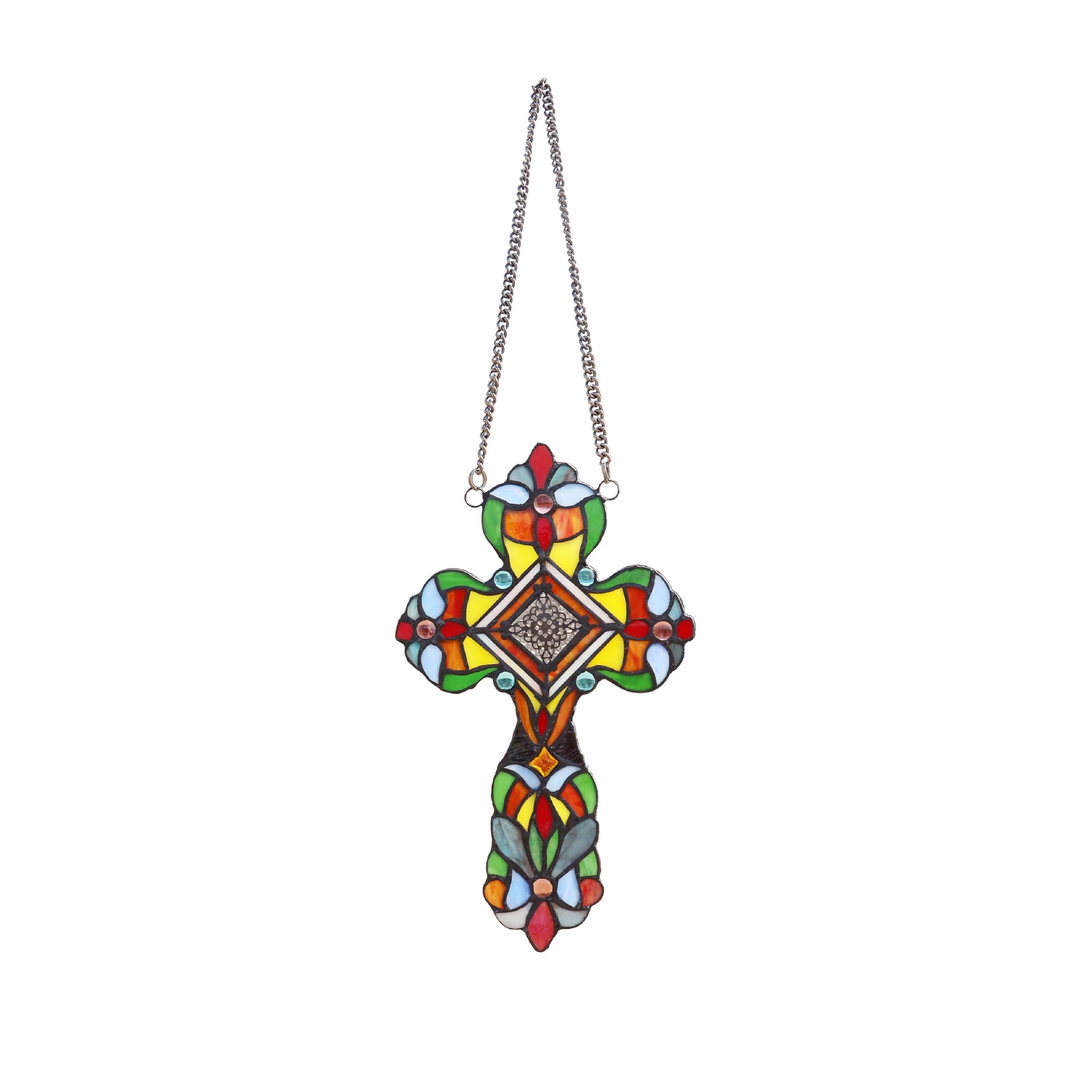 13" x 8" Victorian Design Cross Stained Glass Panel/ Suncatcher