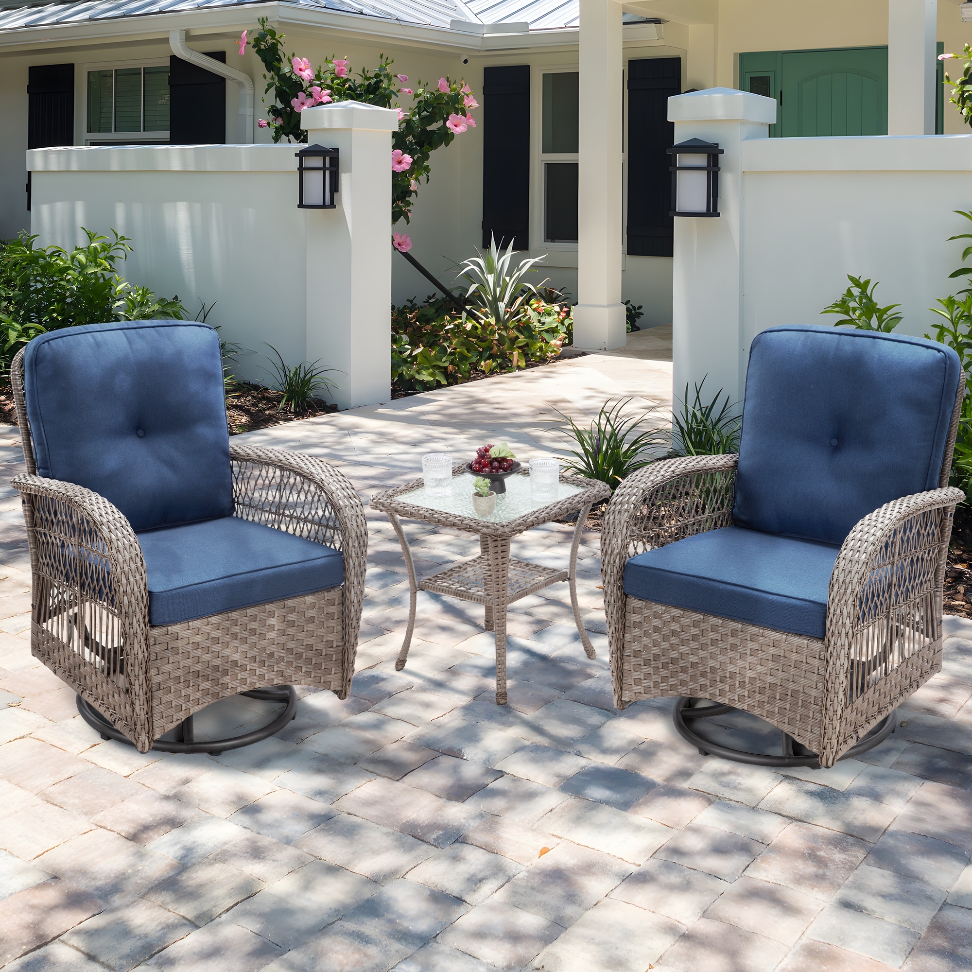 Cozywor 3 Piece Wicker Outdoor Patio Swivel Rocking Chair Set On