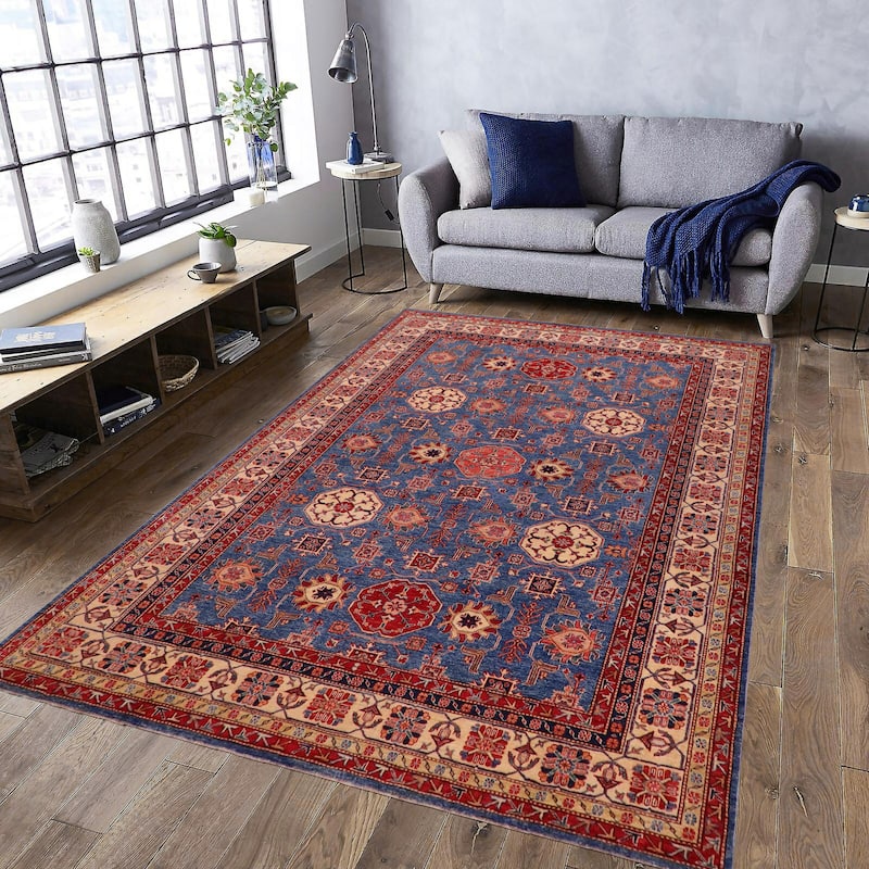 Caucasian Super Kazak Ayanna Light Blue/Tan Hand Knotted Wool Rug - 8'1'' x 10'0''