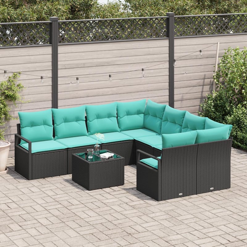 vidaXL 9 Garden Sofa Set with Cushions Black Poly Rattan - 91.3 x 92.1 x 27.2