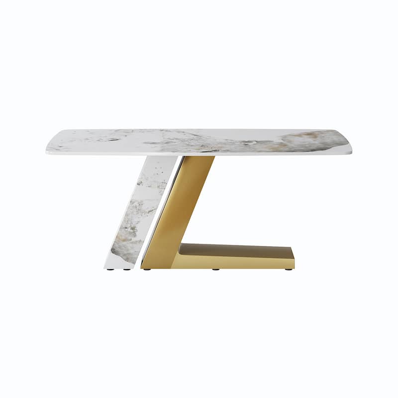 Rectangle Dining Table Faux Marble Tabletop Sintered Stone Panel with Stainless Steel Pedestal