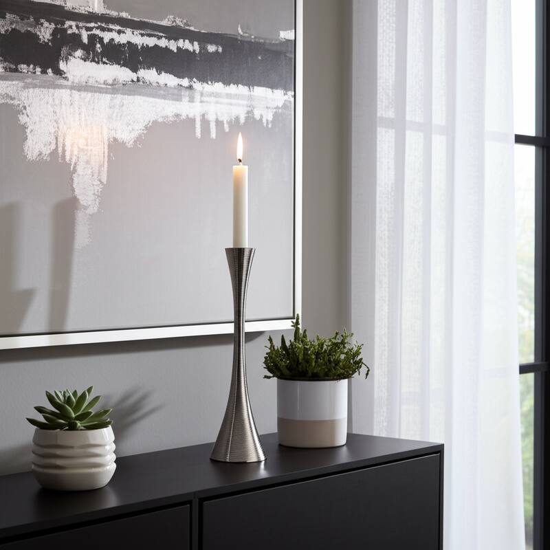 Glam Metal and Wood Taper Candle Holder Sculptural Silhouette MDF Base
