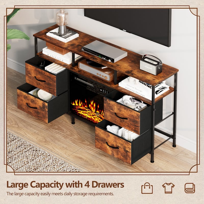 BOSSIN Fireplace TV Stand & Entertainment Center with LED Lights, 4 PU Leather Drawers, Open Shelves, and Built-in Power Outlets