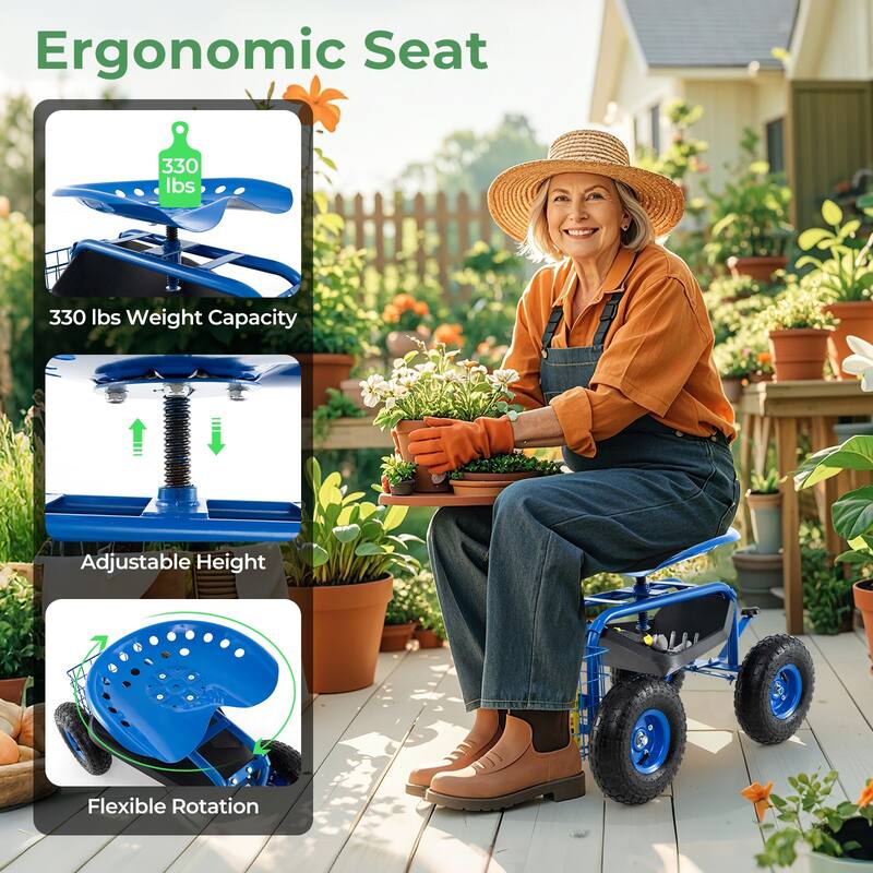 Gymax Cart Wagon Rolling Work Seat w/ Tool Tray Basket Planting Patio