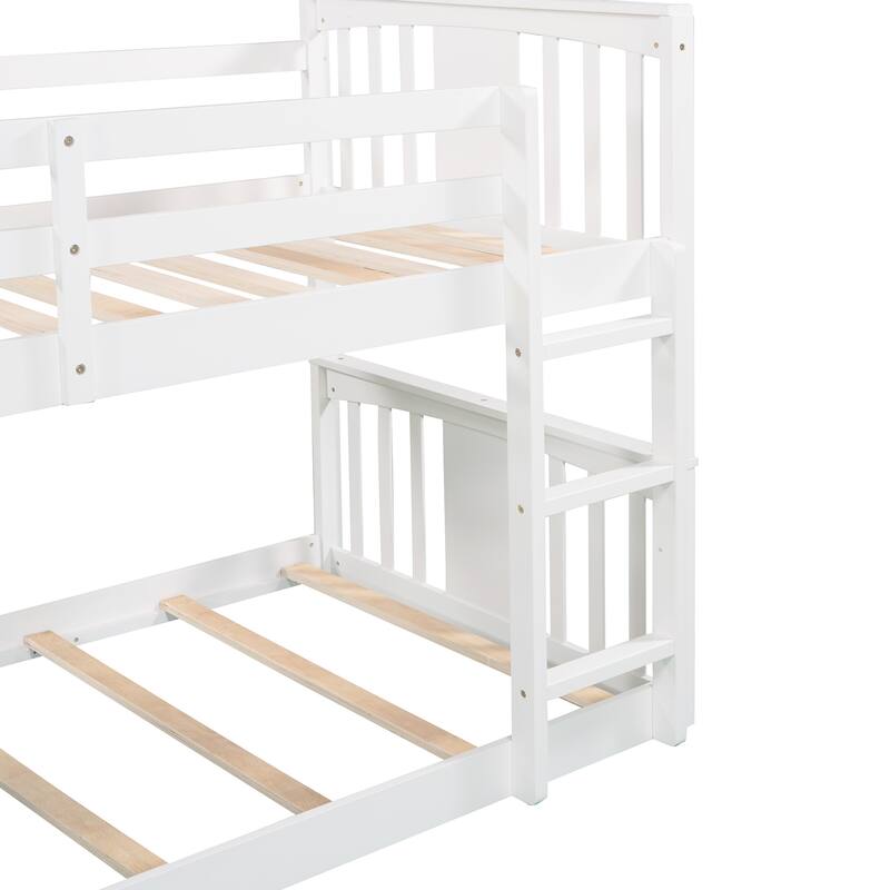 Twin Over Twin Bunk Bed with Ladder, Solid Wood Low Bunkbed Frame