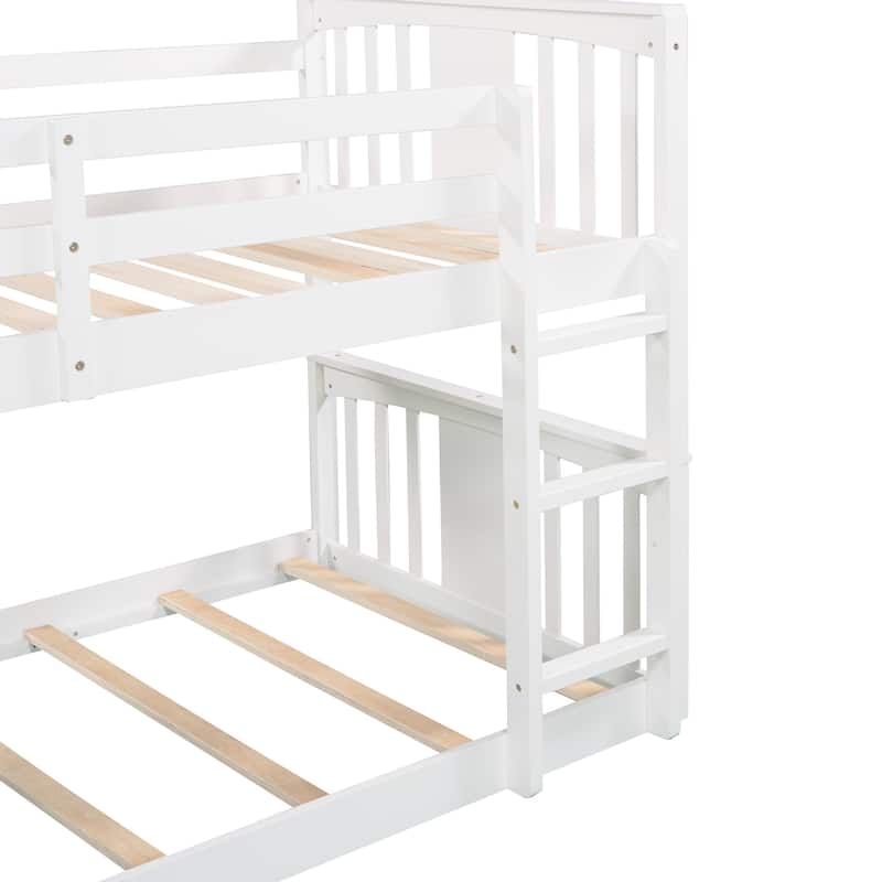 Twin Over Twin Wood Bunk Bed with Ladder, Solid Wood Bedroom Bedframe, Low Bunkbeds for Kids Teens Girls Boys, Noise-Free