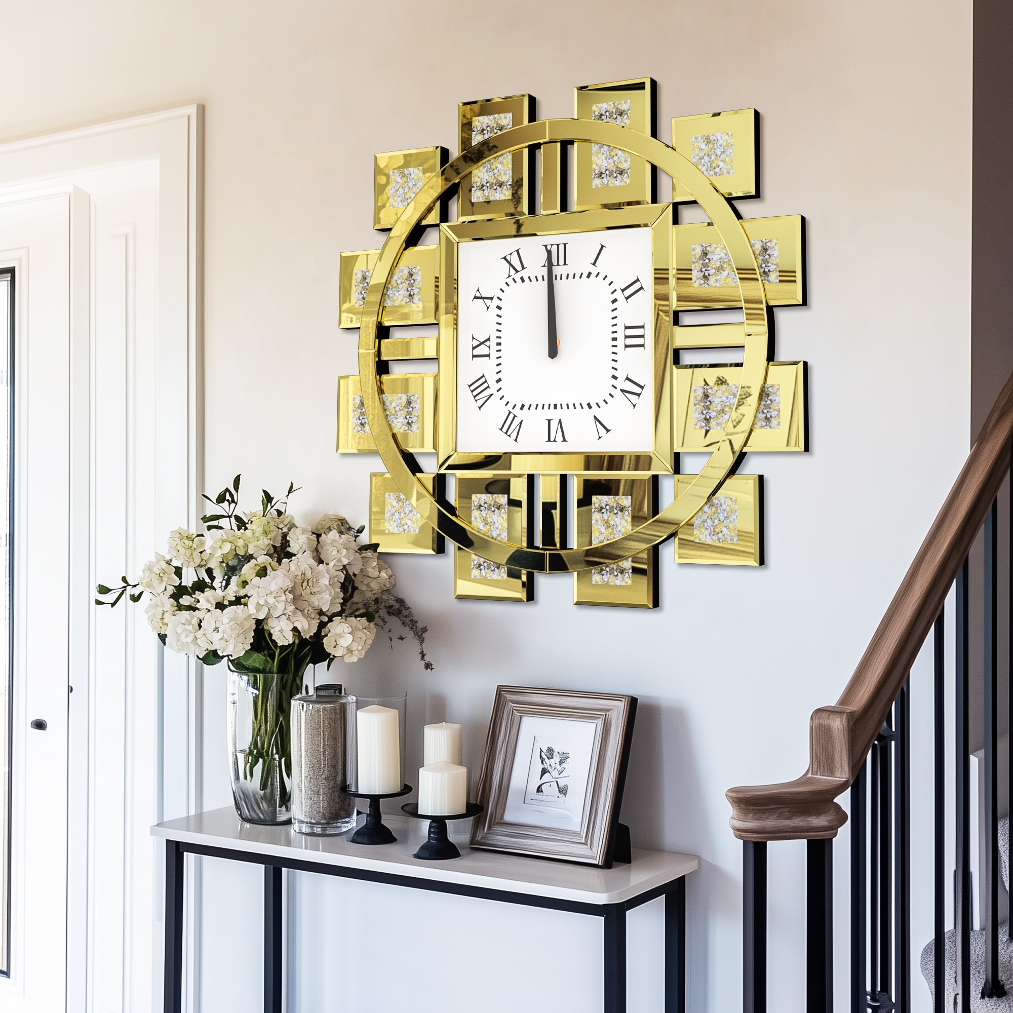 Wall Clock in Mirrored Faux Gemstones for Living Room Wall Decor Clock