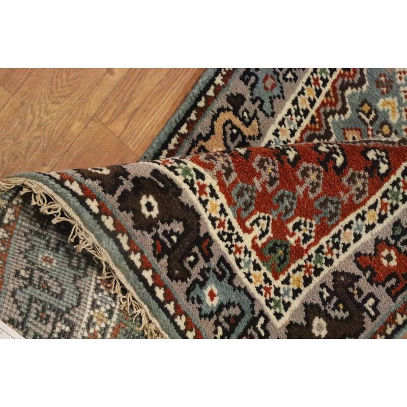 Hand Knotted Oriental 100% Wool Carpet Traditional Geometric Navy Blue & Blues Viss Runner Rug - 8' 0'' X 2' 7''