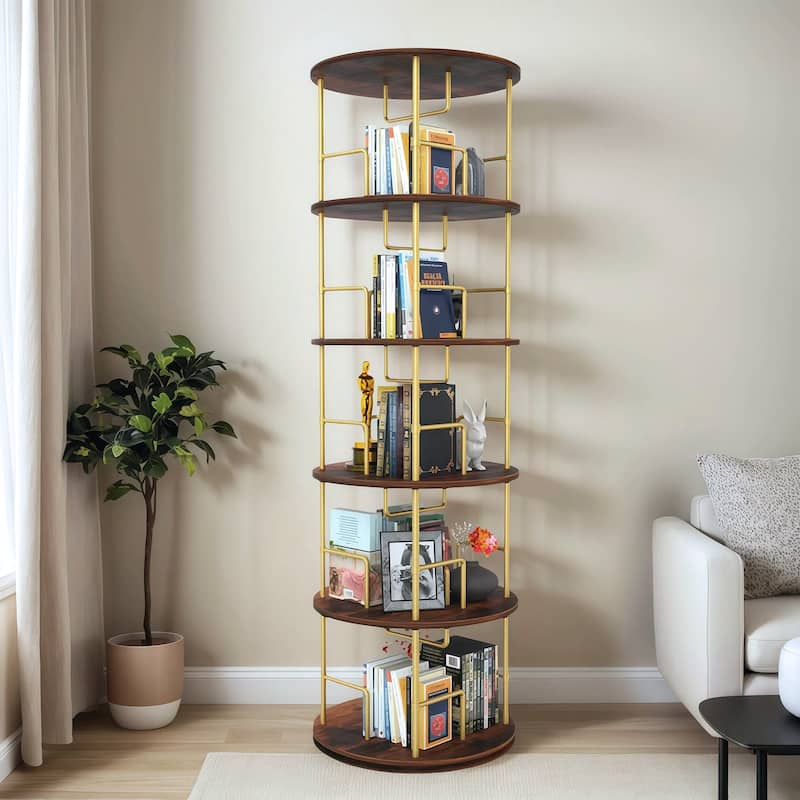 GDF Studio - Fremont Modern 5-Tier Wood and Metal Rotating Bookshelf with 360-Degree Swivel Design - Golden