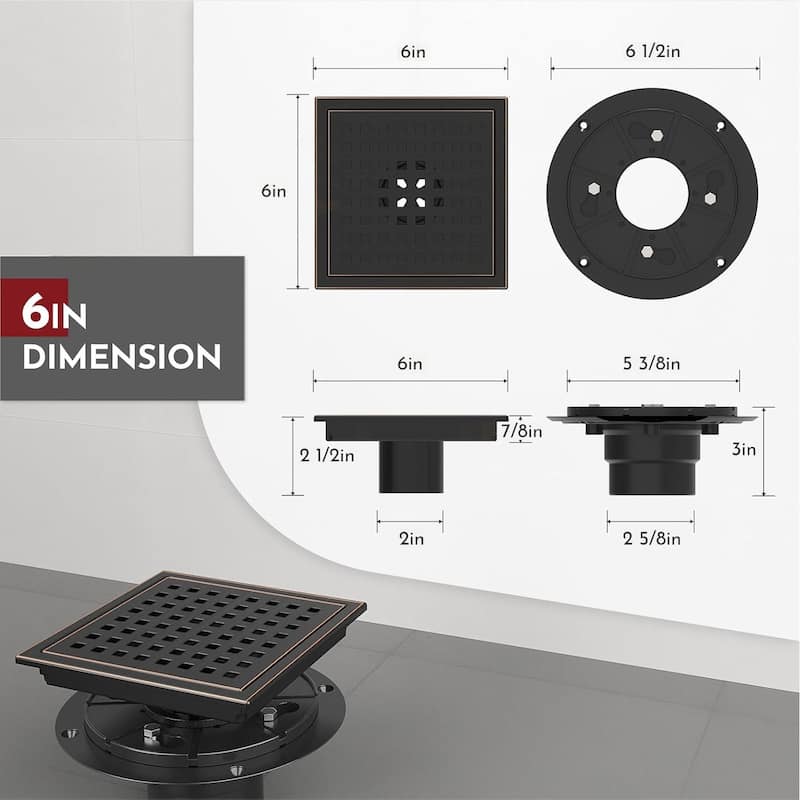 6-Inch Square Shower Floor Drain, Quadrato Pattern Grate - 6 inch