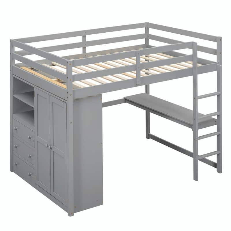 Full Size Loft Bed with Wardrobe, Desk, Storage Shelves, and Drawers
