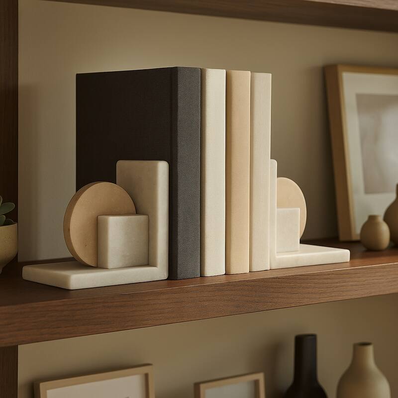 Decorative Geometric Marble Bookends - Set of 2 , 6", White & Tan - 6.0"