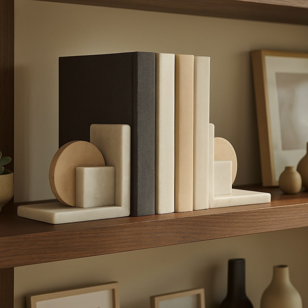 Decorative Geometric Marble Bookends - Set of 2 , 6", White & Tan - 6.0"
