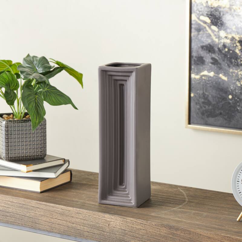 Black Ceramic Geometric Concaved Rectangular Decorative Vase - Black - 5"W, 15"H