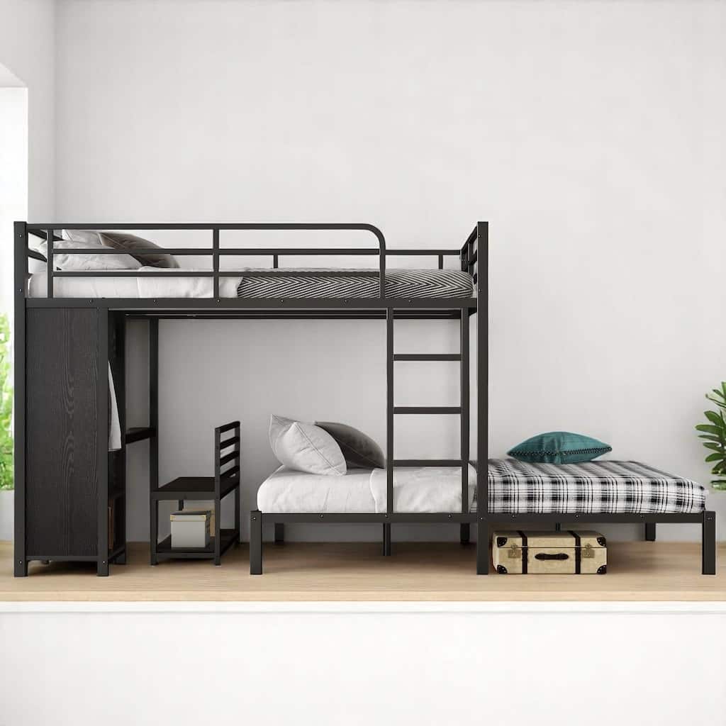 Queen Over Queen Metal Bunk Bed with Desk, Wardrobe & Chair,Space-Saving Loft Bed with Storage, Guardrails & Ladder