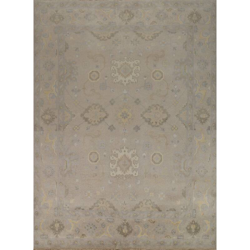 Geometric Beige Oushak Indian Area Rug Hand-Knotted Wool Carpet - 7'10"x 9'10"