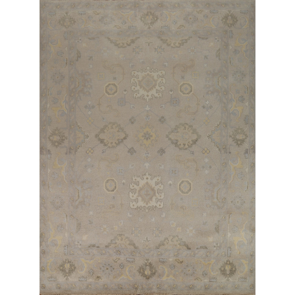 Geometric Beige Oushak Indian Area Rug Hand-Knotted Wool Carpet - 7'10"x 9'10"