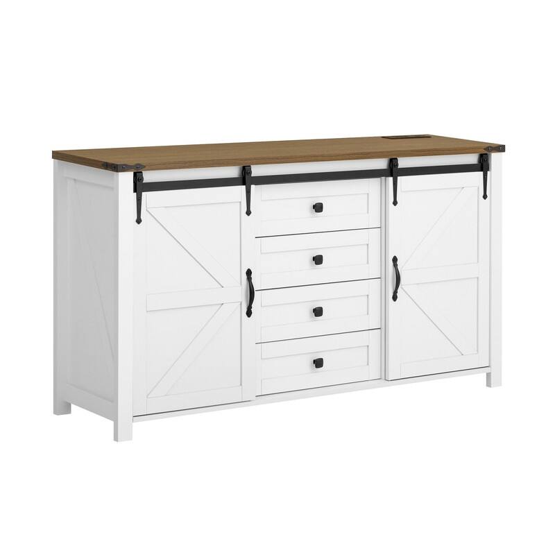 Farmhouse 55.1" Sideboard with Sliding Barn Doors and Storage Drawers, Wood Buffet Table with Power Outlet