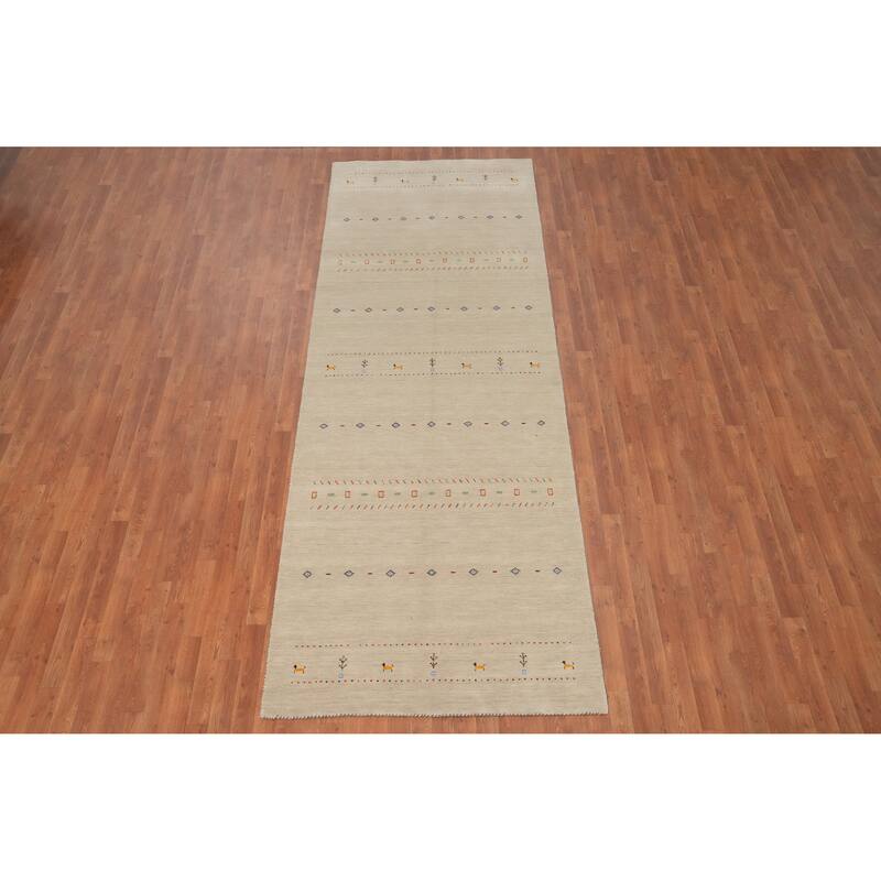 Hand Knotted Oriental 100% Wool Carpet Tribal Animal Pictorial Beige & Ivories Gabbeh Runner Rug - 11' 10'' X 4' 3''