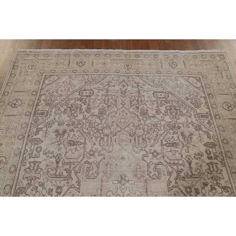 Distressed Geometric Tabriz Persian Antique Rug Handmade Wool Carpet - 6'4"x 9'5"