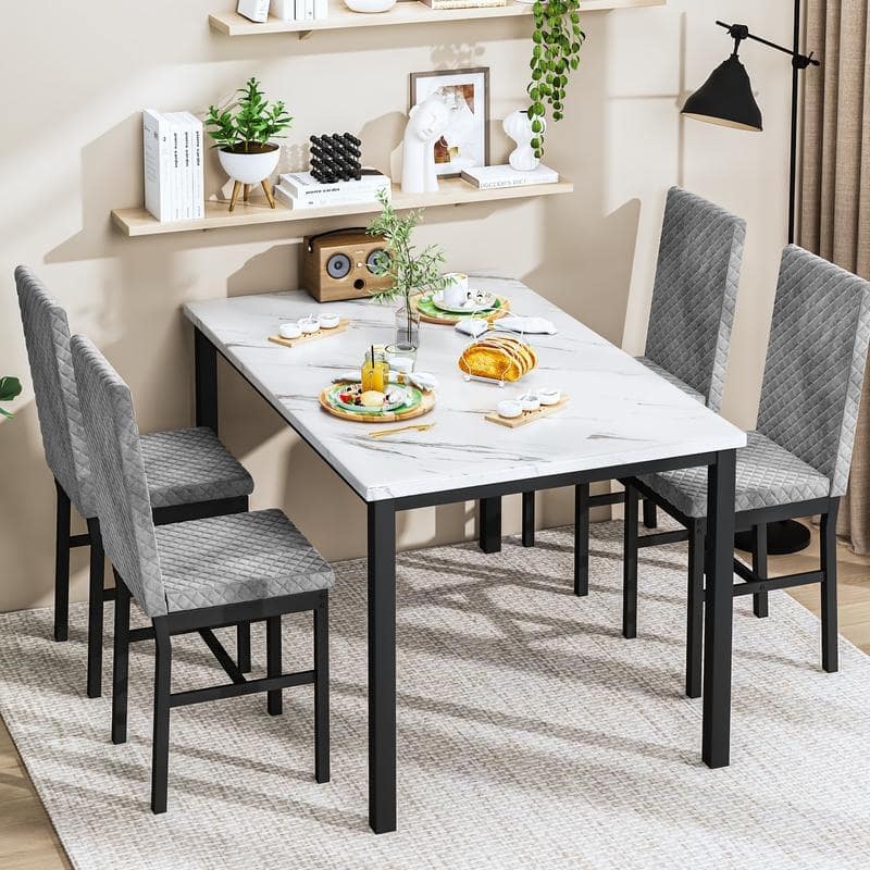 Grondin 5-Piece Dining Room Table Set with Faux Marble Table Top and Diamond Stitching Velvet Upholstery Dining Chairs
