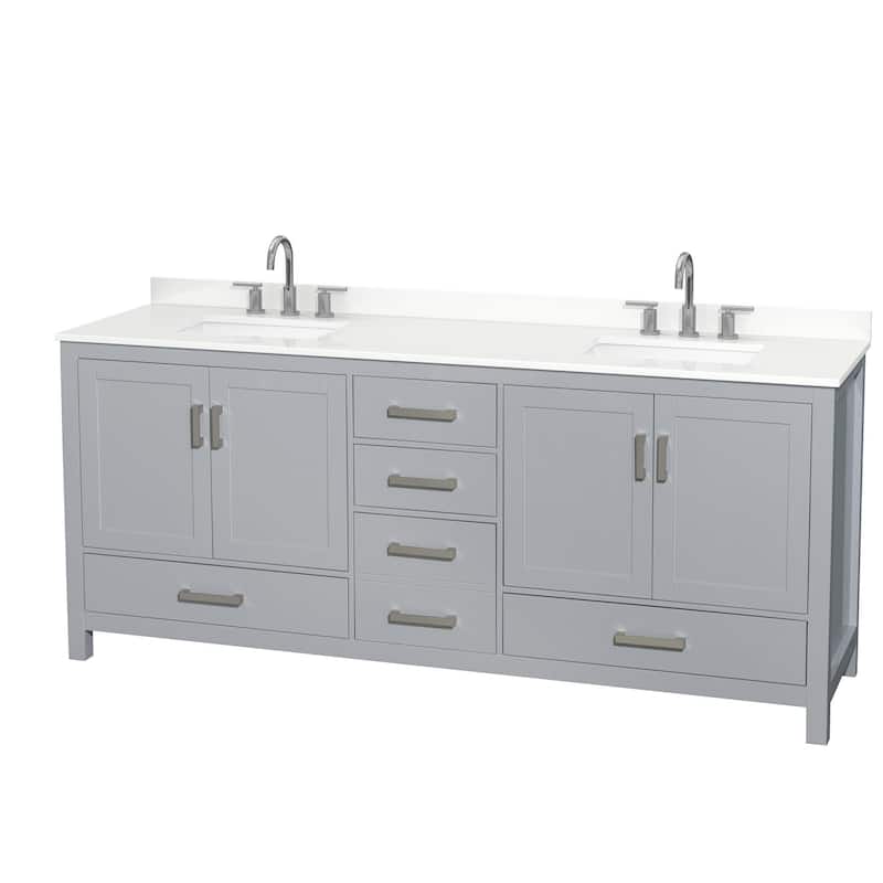 Sheffield 80-inch Double Vanity, 3 Hole Quartz Top - Gray, Chrome Trim, White Quartz Top