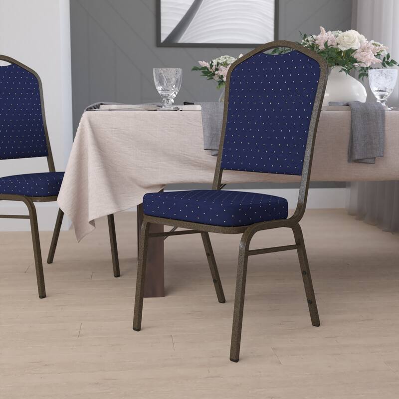 Crown Back Stacking Banquet Chair - Navy Blue Dot Patterned Fabric/Gold Vein Frame