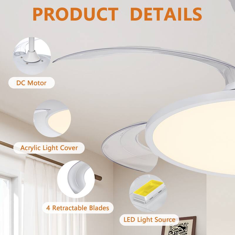 42 Inch Retractable Ceiling Fan with Light, Smart APP/Remote Control Ceiling Fan Light for Bedroom Living Room