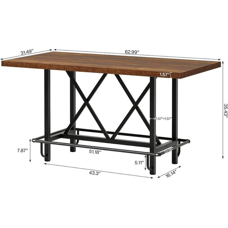 63" Counter Height Dining Table for 6, Industrial Rectangular Bar-Height Table with Sturdy Metal Frame and Footrest