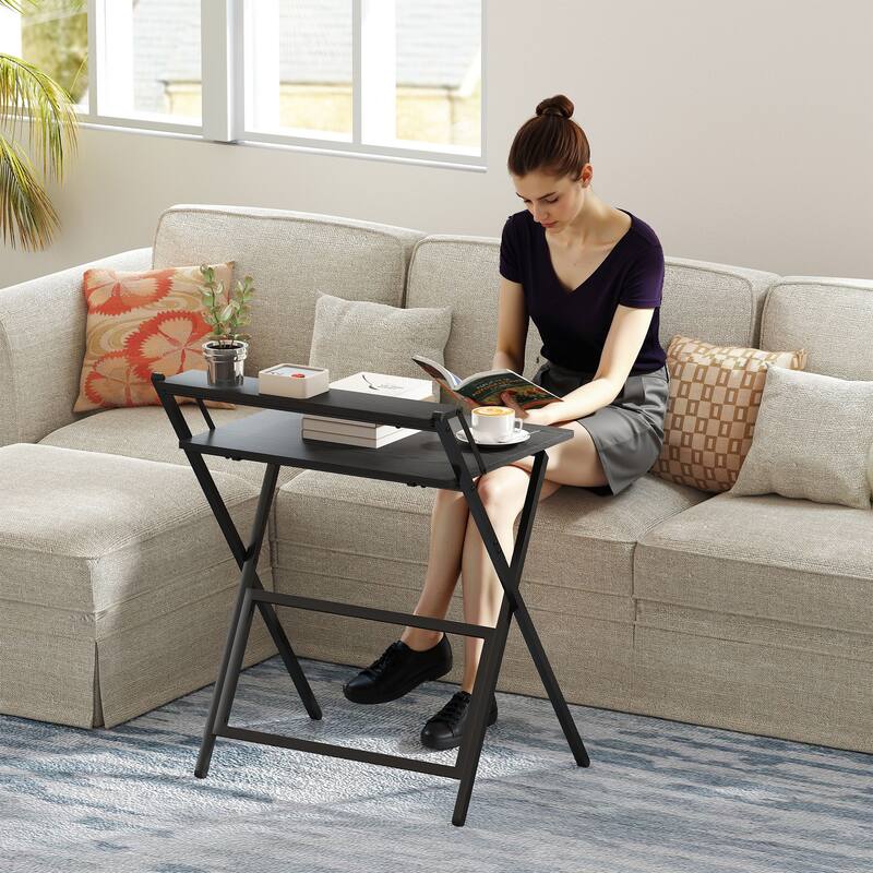 HOMCOM Small Folding Desk, 27.6 Inch Foldable Computer Desk with Monitor Shelf, Space Saving Portable Writing Table