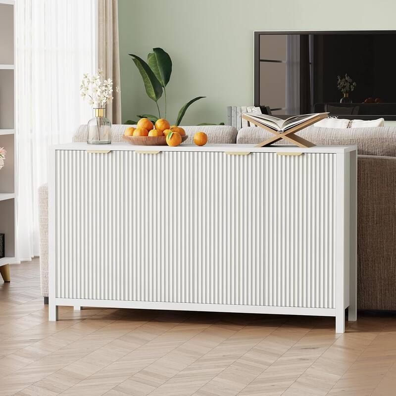 Fluted Sideboard Buffet Cabinet, Coffee Bar Sideboard Storage with Adjustable Shelves - White